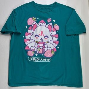 Strawberry 🍓 Kitune teal blue t shirt